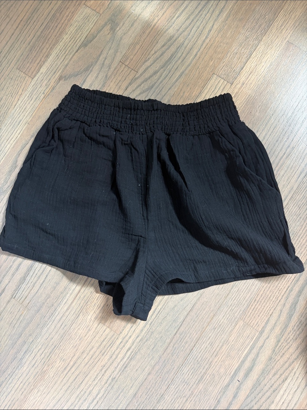 Black Lightweight Gauze Pull-On Swim Coverup Shorts with Smocked Waist - Small
